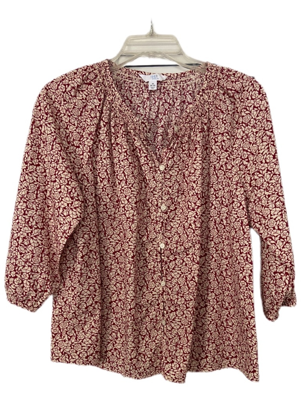 Time and Tru Burgundy and Cream Floral 3/4 Sleeve Peasant Blouse Size Medium - Picture 2 of 15